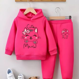 Winter Outfit Hoodie and Pant set Girls Hot Pink Cute Meow