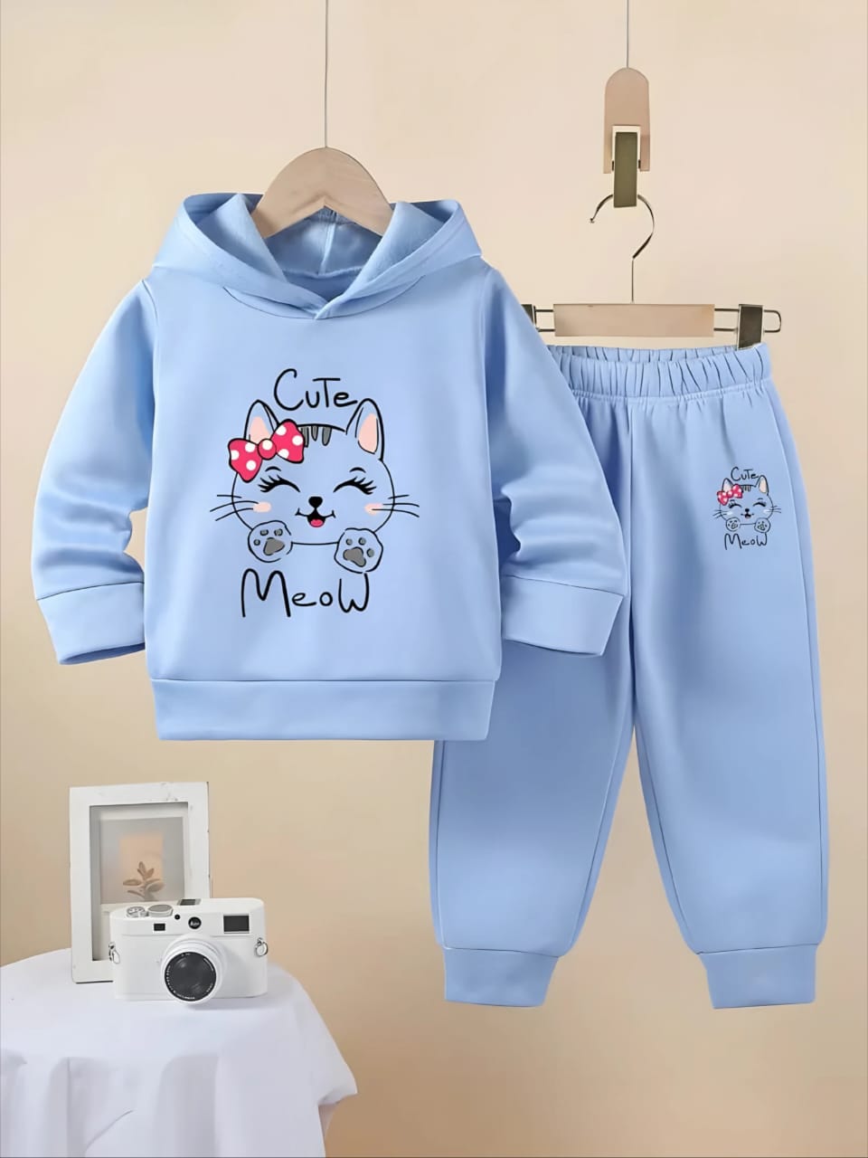 Winter Outfit Hoodie and Pant set Girls Sky Blue Cute Meow - Image 2