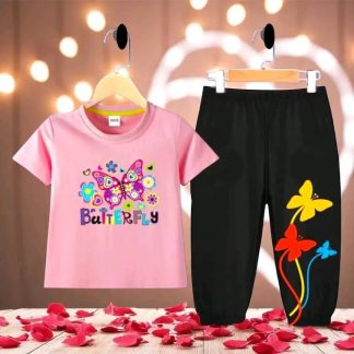Cotton T-Shirt And Long Pant Set Pink Butterfly (3 Month – 12 Year)