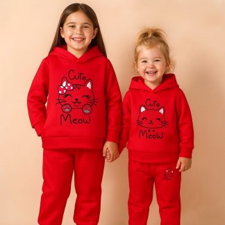 Winter Outfit Hoodie and Pant set Girls Red Cute Meow