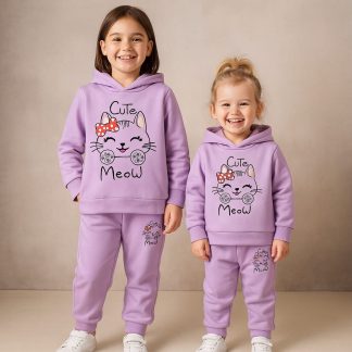 Winter Outfit Hoodie and Pant set Girls Purple Cute Meow