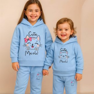 Winter Outfit Hoodie and Pant set Girls Sky Blue Cute Meow