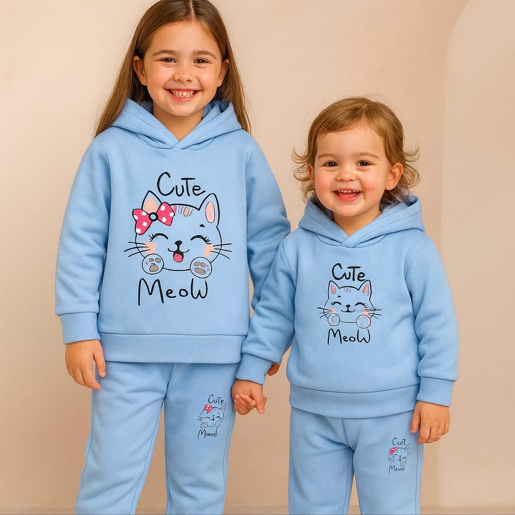 Winter Outfit Hoodie and Pant set Girls Sky Blue Cute Meow